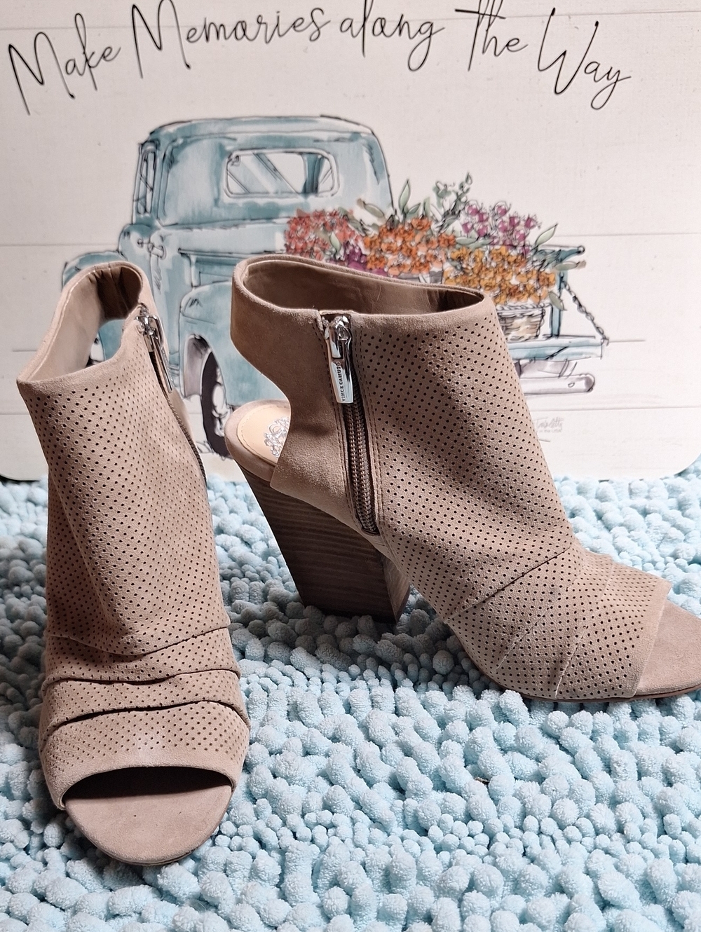 Peep-Toe Perforated Block Heel Sandals in Taupe, Vince Camuto